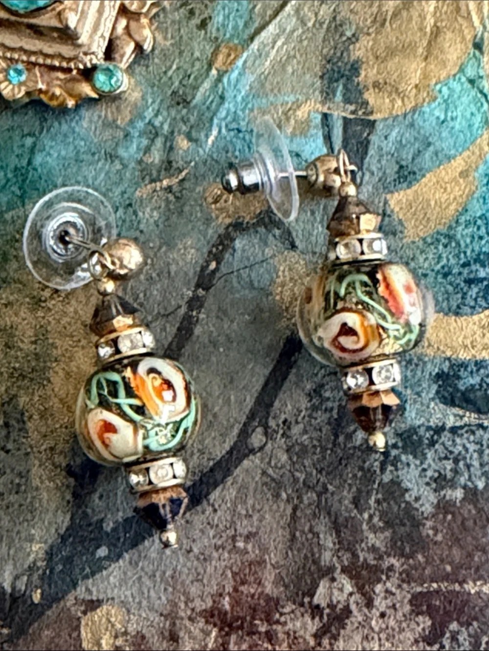 Handmade blown glass orange flowers crystal rhondelles posts pierced earrings
